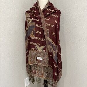 100% Cashmere Burgundy Beige Jerusalem Holy Land Dove Scarf 73"x 27"